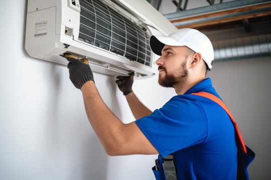 Air conditioning technician servicing a wall-mounted AC unit in Casa Grande, AZ