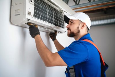 Air conditioning technician servicing a wall-mounted AC unit in Casa Grande, AZ